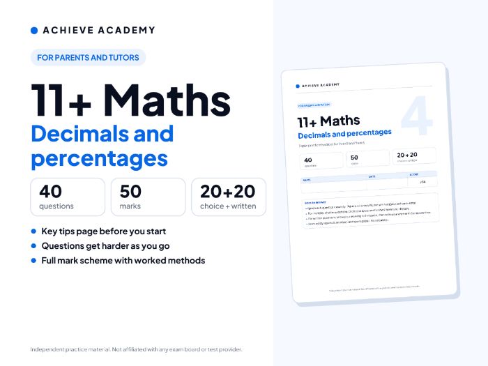11+ Maths Topic Booklet: Decimals and percentages – Year 5/6 Practice with Mark Scheme