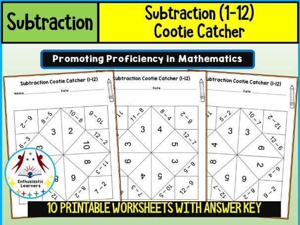 Subtraction Cootie Catcher (1–12) – Games & Fun Activity Worksheets
