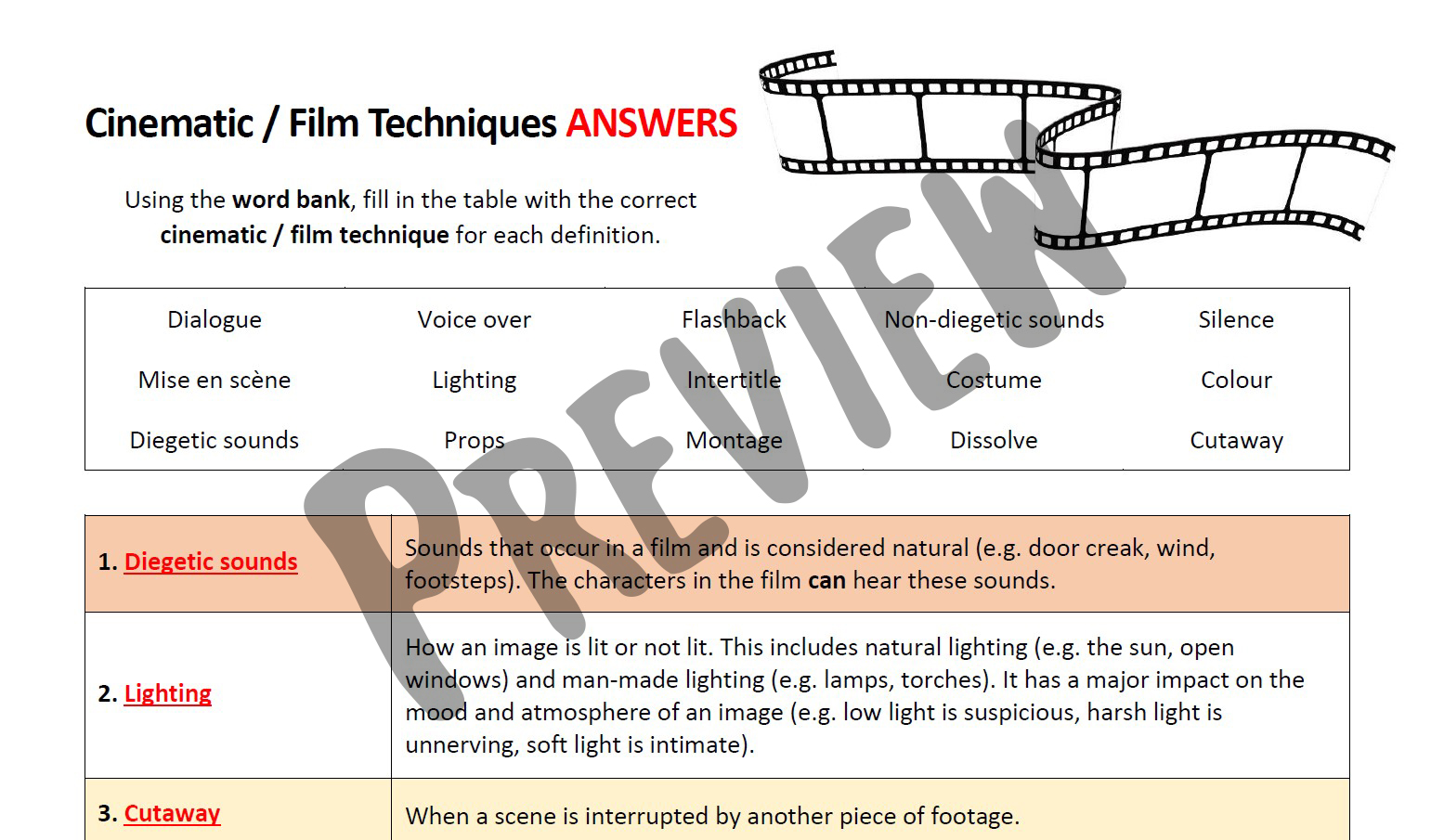 Cinematic / Film Techniques Worksheet Teaching Resources