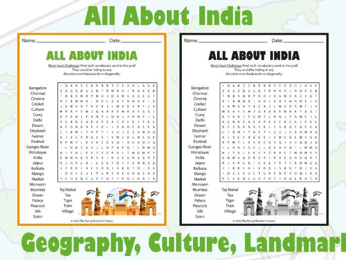 All About India Word Search Puzzle | Geography, Culture, Landmarks Activity