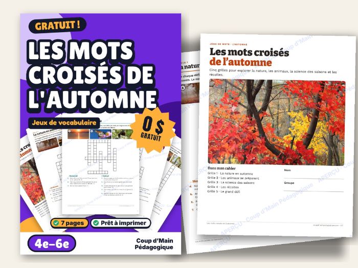French Fall Crossword Puzzles Grade 4-6 Science Vocabulary | Mots croisés