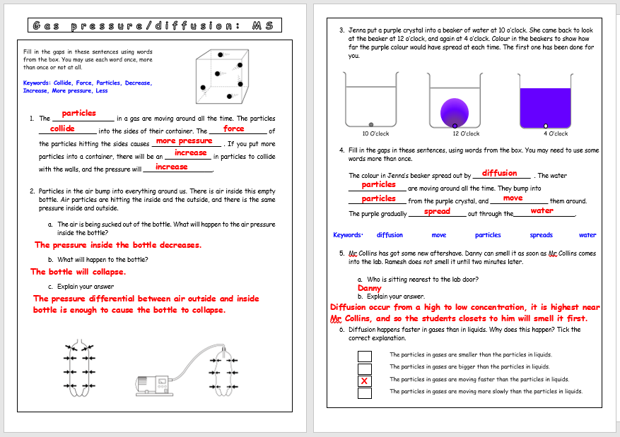 Year 7 - Particulate of nature L4 Gas (Worksheet) | Teaching Resources