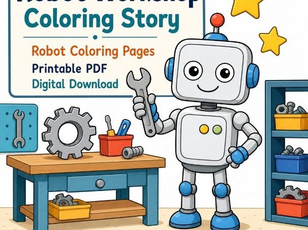 Robot Workshop Coloring Story | Robot Coloring Pages | Printable PDF | Digital Download