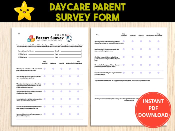 Printable Daycare Parent Survey Form | Printable Childcare Parent Questionnaire