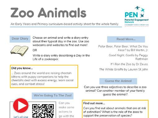 Zoo Animals EYFS/KS1 Family Home Learning Sheet