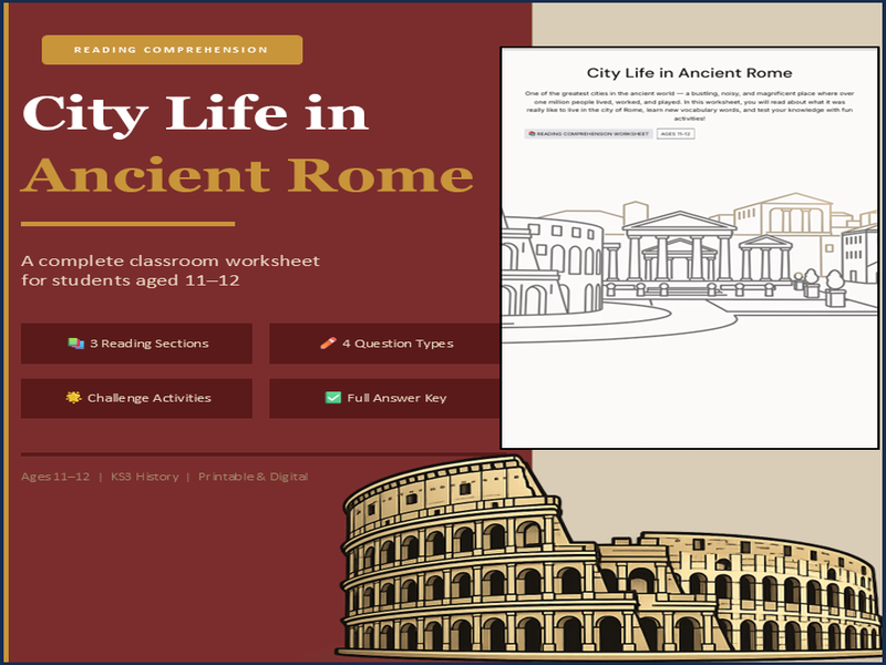 Ancient Rome Worksheet KS2 | City Life Reading Comprehension (Year 5–6)