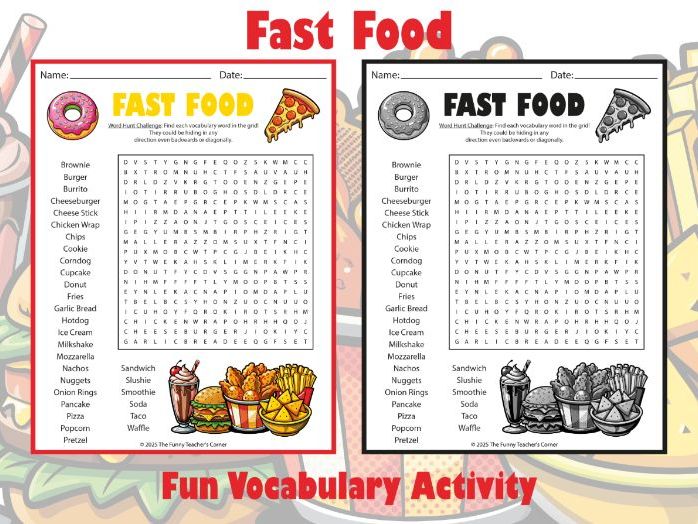 Fast Food Word Search | Fun Vocabulary Activity for Grades 2–5 | Printable ELA
