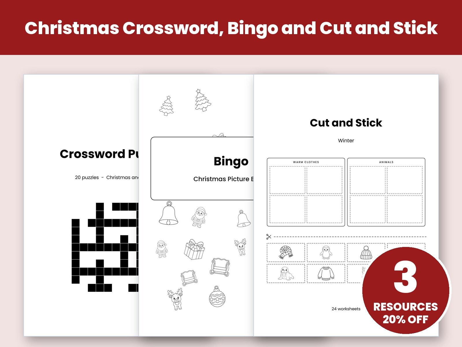 Christmas Crossword, Bingo and Cut and Stick