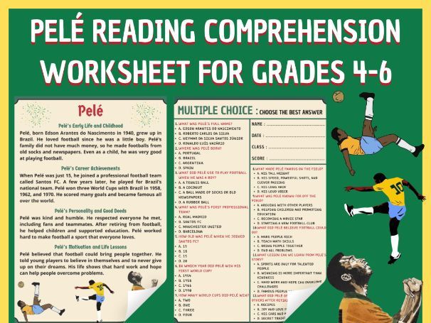 Pelé Reading Comprehension Worksheet for Grades 4-6|Friendly Football Biography
