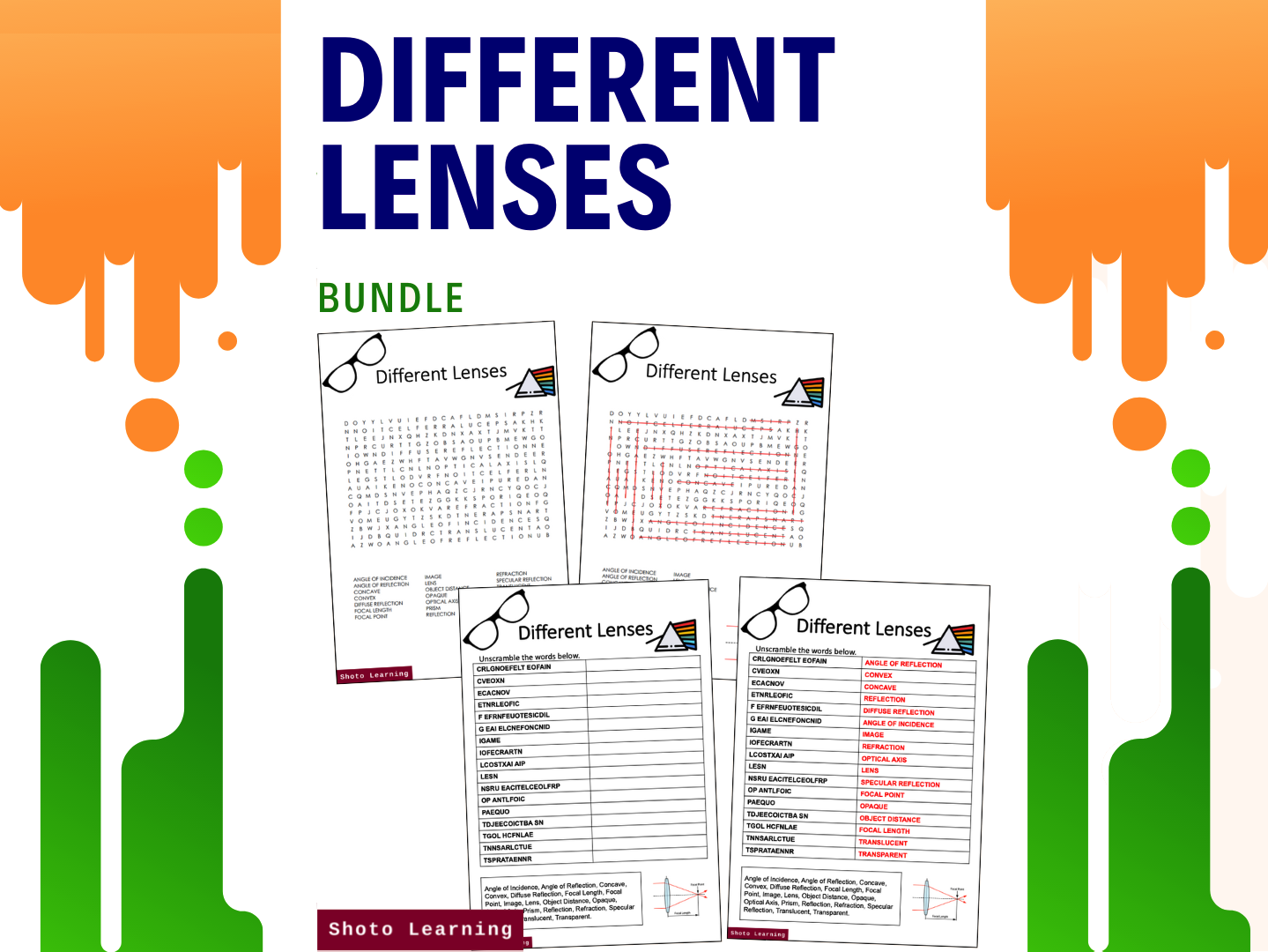 DIFFERENT LENSES SCIENCE ACTIVITY BUNDLE WORD FIND SCRAMBLE WORDS