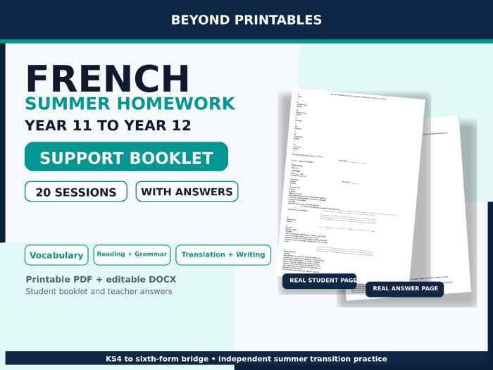 French Summer Homework Booklet A LEVEL PREPARATION Year 11 to Year 12 Support