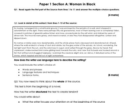 NEW AQA English Language Paper 1 Section A: lessons, exam questions, models. WIB extract