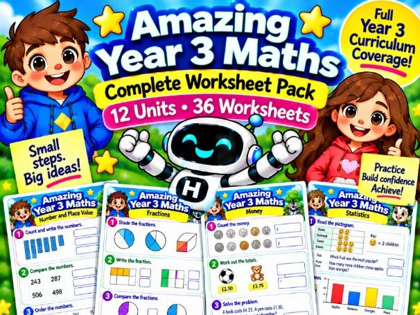 Year 3 Maths – Complete 12-Unit Worksheet Pack - 36 Worksheets