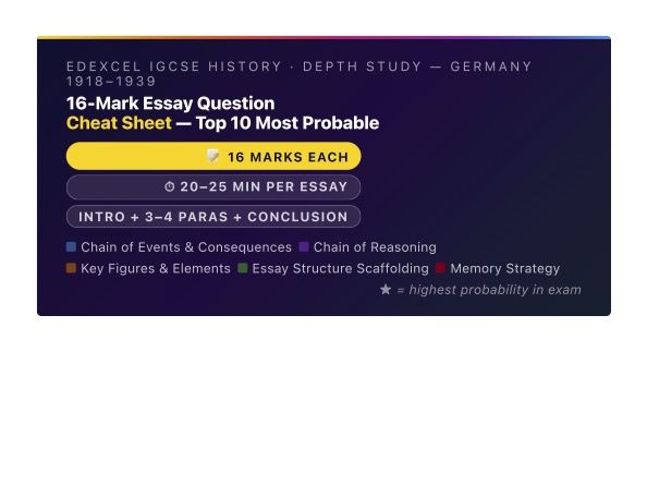 Edexcel IGCSE History | Nazi Germany 1918–1939 Depth Study | 16-Mark Essay Sheet | Top 10 Questions
