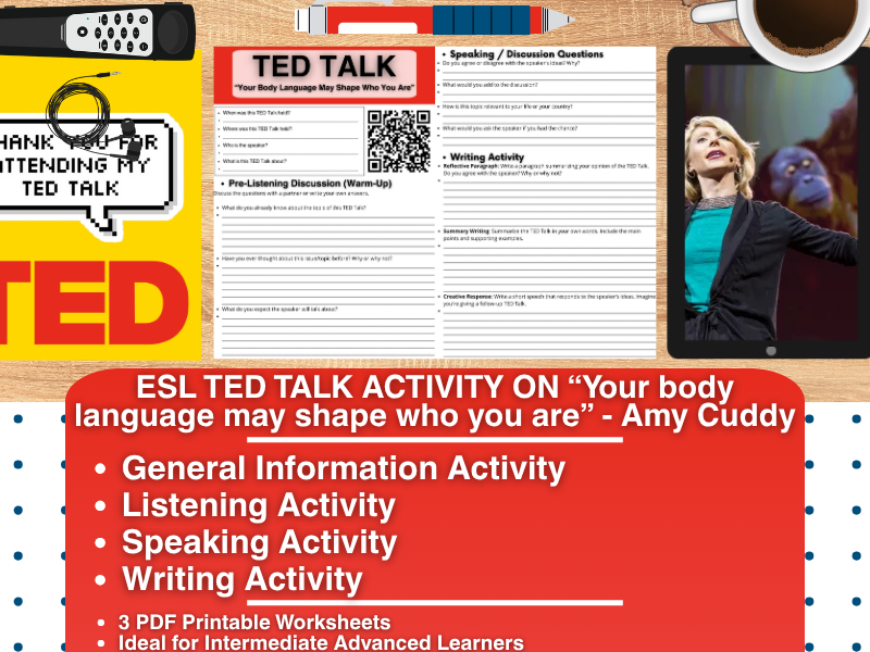 ESL TED Talk Activity Worksheets - Your Body Language may shape who you are - Amy Cuddy