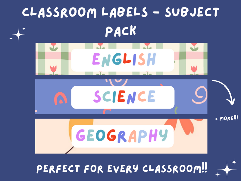 Pastel Classroom Subject Labels – English, Maths, Science, History, Geography, Phonics | KS1 & KS2