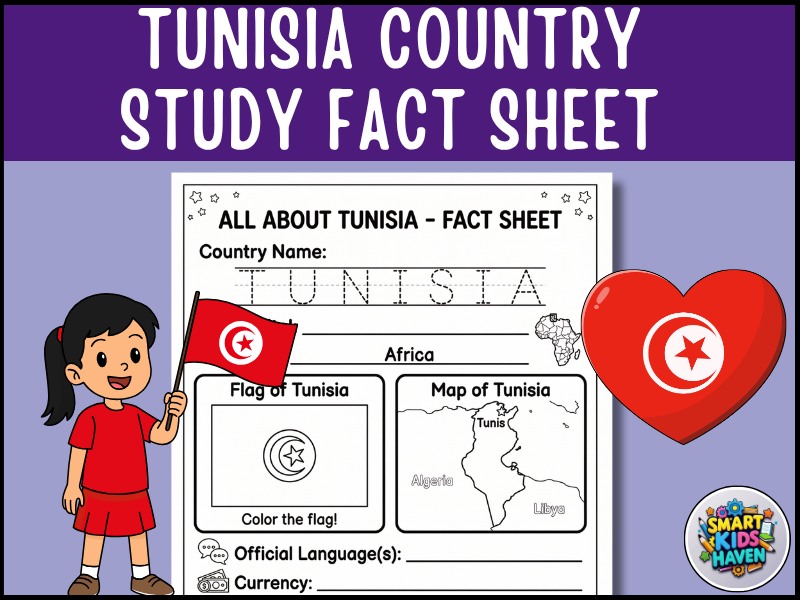 Tunisia Map and Flag Country Study Research Project Geography Worksheet Activity