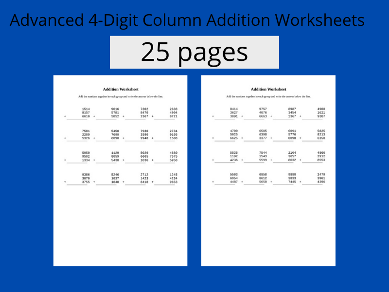 Advanced 4-Digit Column Addition Worksheets