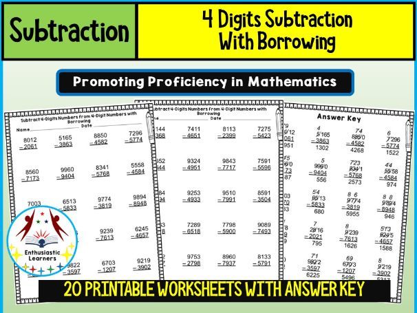 4-Digit Subtraction with Borrowing Worksheets – Practice Activity