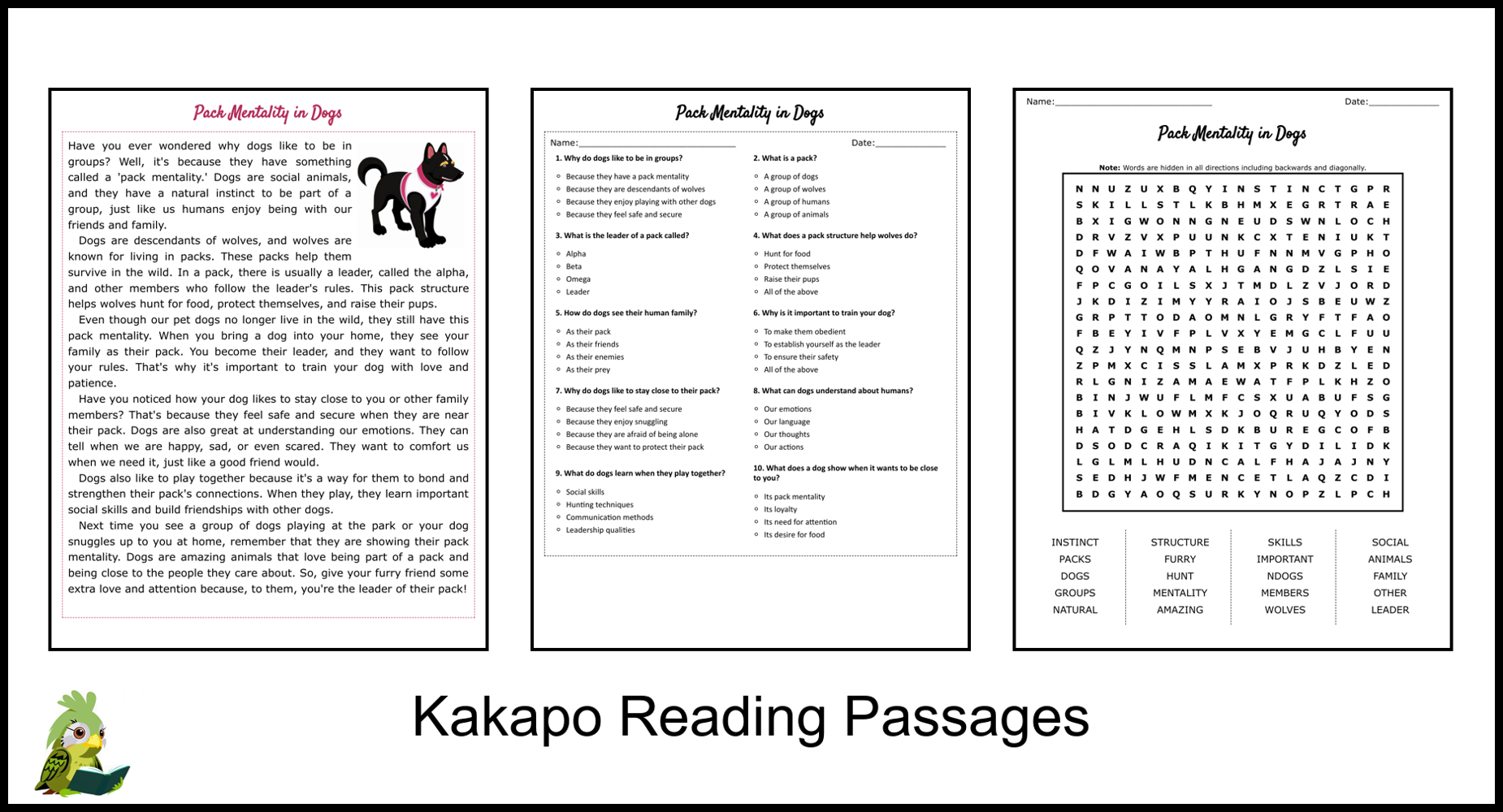 Pack Mentality in Dogs Reading Comprehension and Word Search Teaching