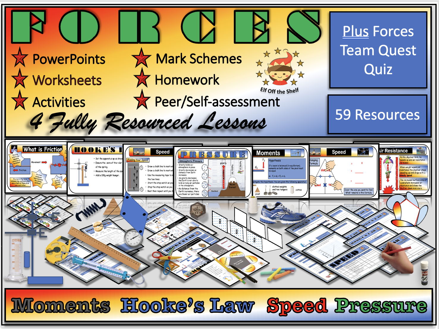 Forces - Moments Pressure Speed Hooke's Law Explained 4  Fully Resourced lessons Plus Smart Board Team Building Quiz  KS3
