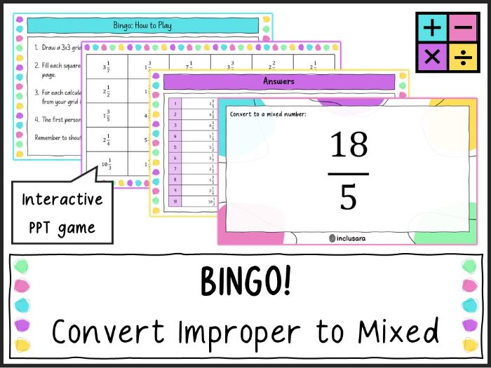 Converting Improper Fractions to Mixed Numbers Bingo Game