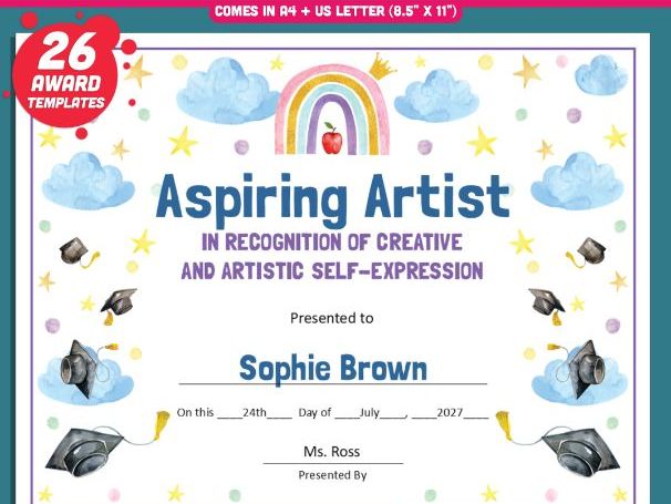 Kindergarten End-of-Year Awards, Personalized Recognition Set, 26 Editable Certificates