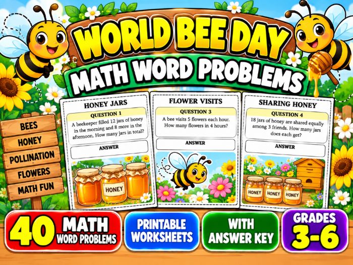 World Bee Day Math Word Problems | 40 Printable Worksheets with Answer Key