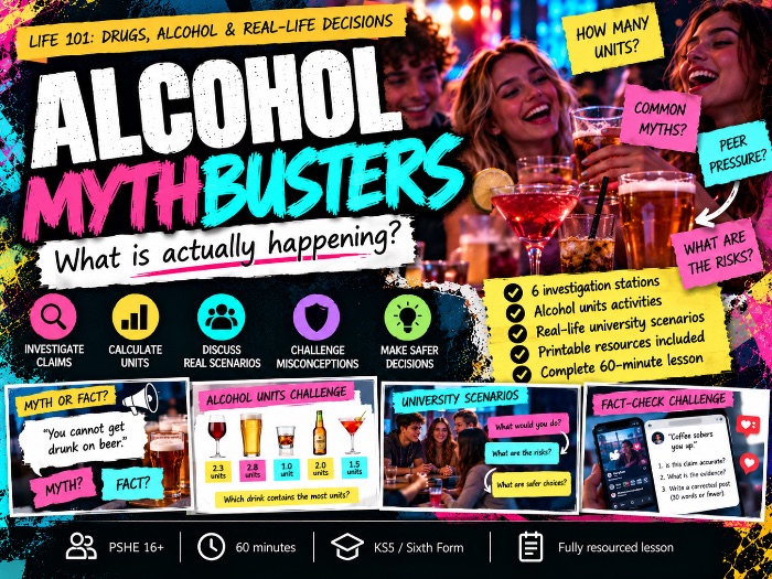 PSHE Drugs & Alcohol Lesson 2 - Alcohol Mythbusters - Peer Pressure, Alcohol & University Safety
