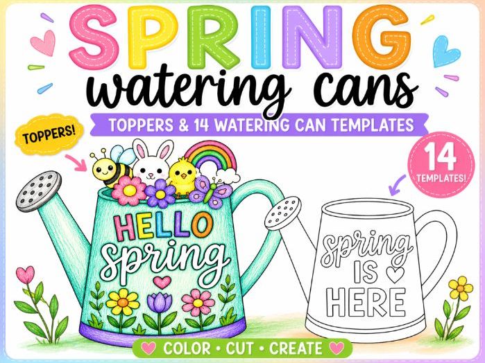 Spring Watering Can Craft | 14 Templates | Color, Cut & Create Activity