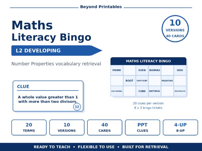 Maths Literacy Bingo: L2 Developing Number Properties | 10 Versions | PPT Clues + 40 Cards