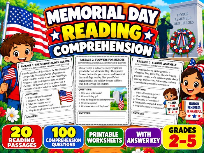 Memorial Day Reading Comprehension | 20 Passages with Answer Key