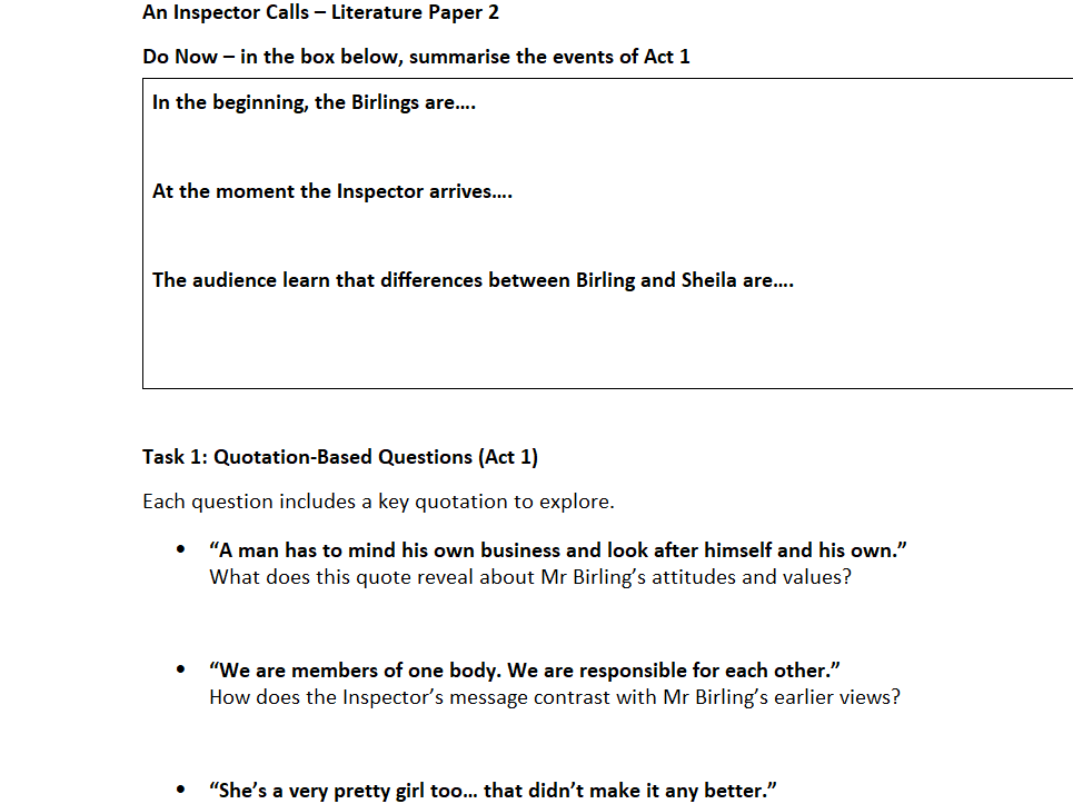 'An Inspector Calls' revision, GCSE Lit Paper 2 (Act by Act + Theme revision)