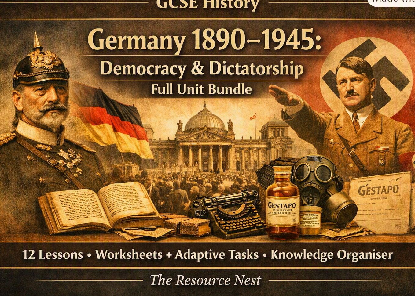 GCSE History (AQA)  - Germany 1890–1945: Democracy and Dictatorship – Full 12‑Lesson Bundle + Knowledge Organiser