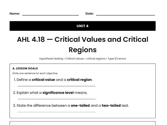 IB Math AI Worksheet AHL 4.18 - Critical Values and Critical Regions