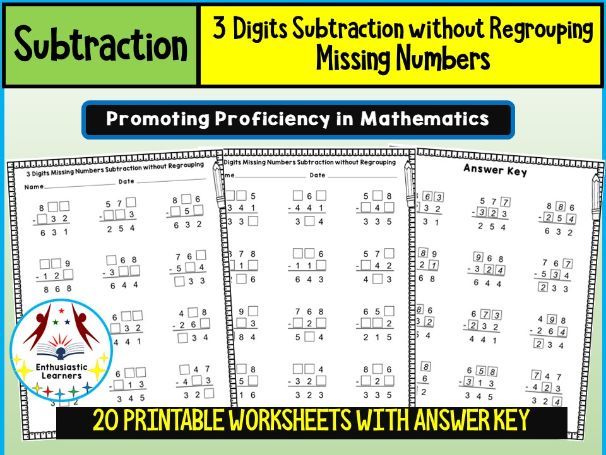 3-Digits Subtraction without Borrowing Missing Numbers Worksheets – Practice Activity