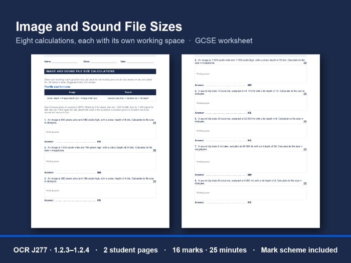 Image & Sound File Size Worksheet: GCSE
