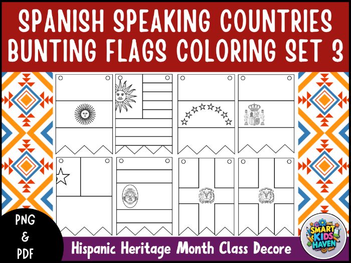 Hispanic Heritage Month Country Flags Coloring Pennants Banner Set 3