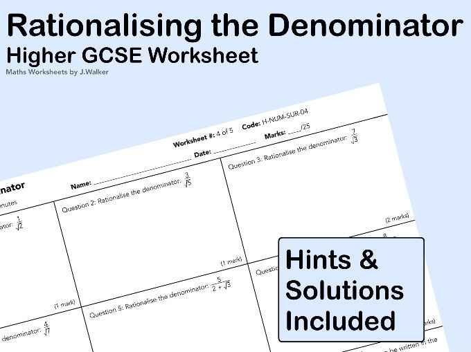 GCSE Maths Worksheet: Rationalising the Denominator - Higher Tier