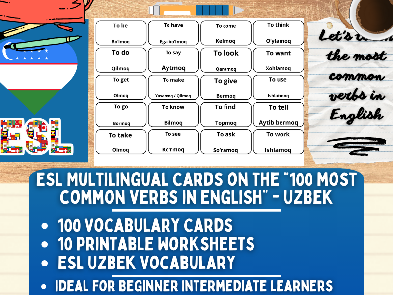 ESL Multilingual Vocabulary Flashcards - 100 most common verbs - Uzbek