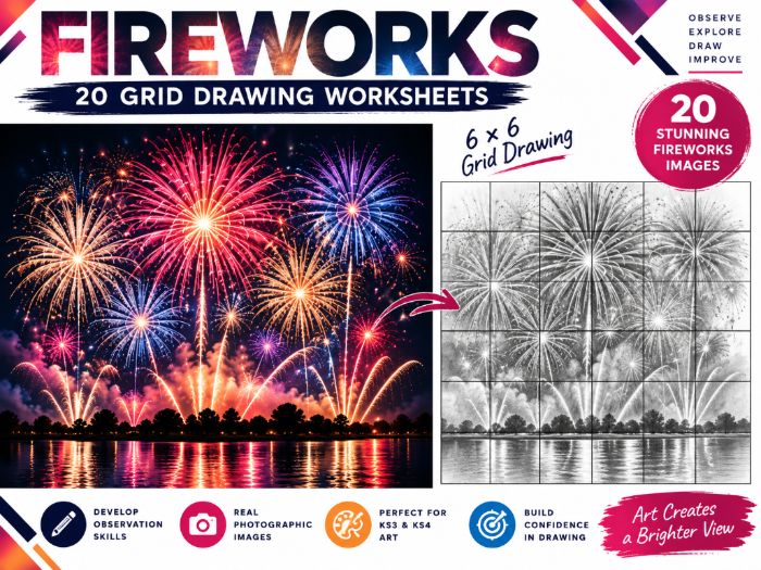 Fireworks Grid Drawing Worksheets | 20 Bonfire Night Art Activities | KS3 & KS4