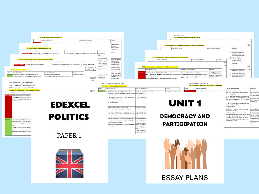 A-level EDEXCEL Politics Paper 1 Unit 1 Essay Plans UK Politics
