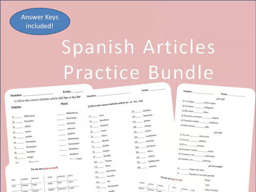 Spanish Articles (Definite and Indefinite) Practice Worksheets Bundle
