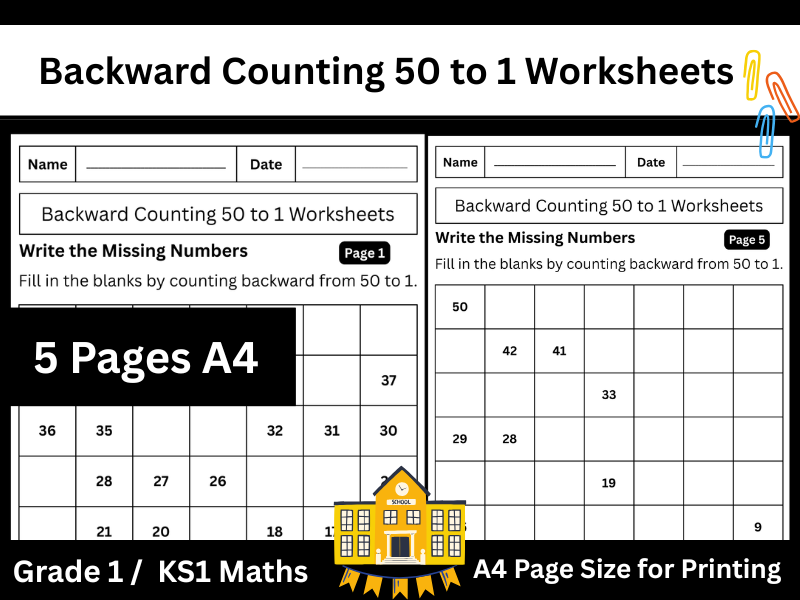 Backward Counting 50 to 1 Worksheets - Math KS1