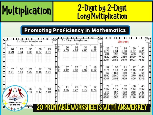 2-Digit by 2-Digit Long Multiplication Worksheets Math Problems