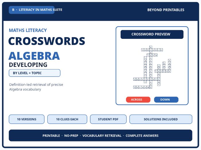 Developing Algebra Maths Crosswords | 10 Vocabulary Puzzles with Solutions