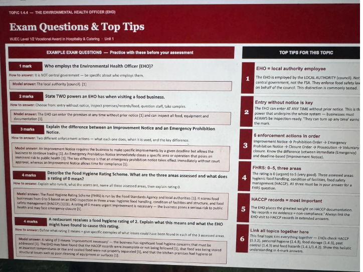 WJEC 1.4.1 - 1.4.4 Hospitality and Catering Unit 1 Revision Notes | Food Safety Exam Prep Organiser