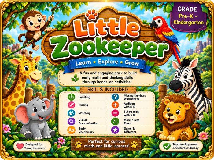 Little Zookeeper Worksheets | Zoo Animals Math & Early Learning Activities | Pre-K Kindergarten