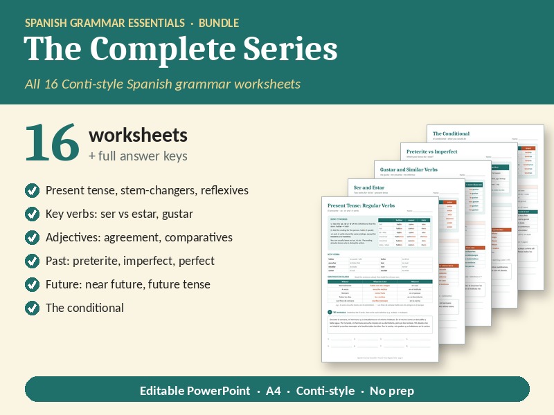 Spanish Grammar Worksheets: Complete Conti-Style Series Bundle