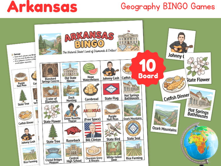 Arkansas Geography Bingo Game | State Study Printable Activity